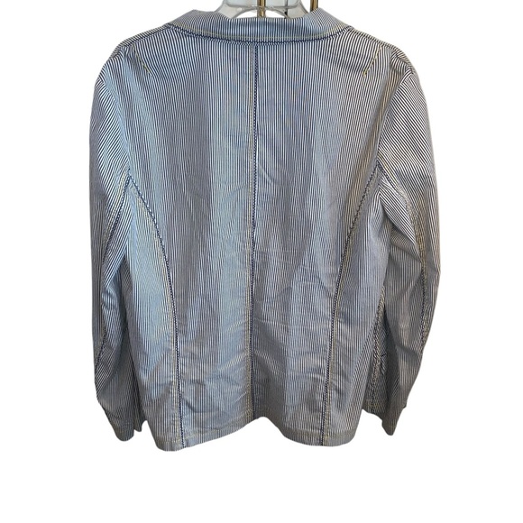 Chico's Seersucker Striped gray & white yellow stitches Yachtie Blazer Jacket - Picture 4 of 12